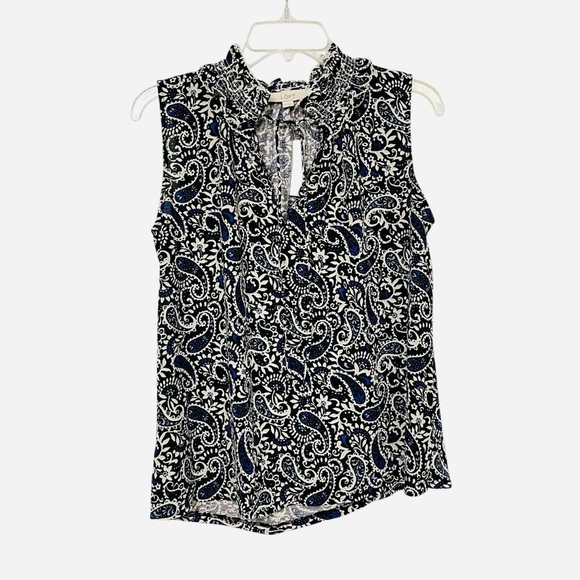 Loft Paisley Smocked Tie Neck Mixed Media Shell size M - Picture 2 of 12